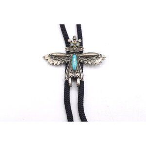 Thunderbird Bolo Tie Silver Turquoise Stone Beads Black Braided Cord Kachina Vtg
